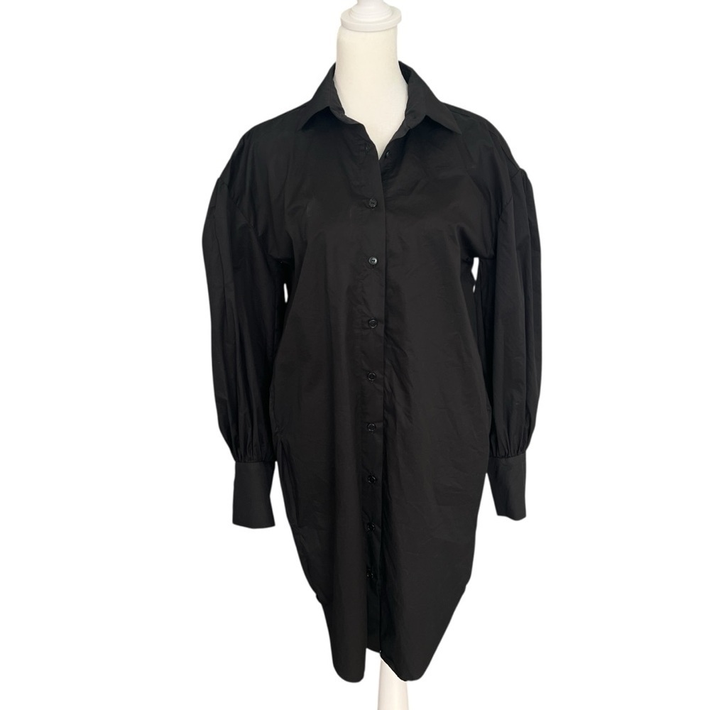 MONICA NERA Long Sleeve Poplin Button Front Shirt Dress Pockets Black Size Small - Picture 3 of 14